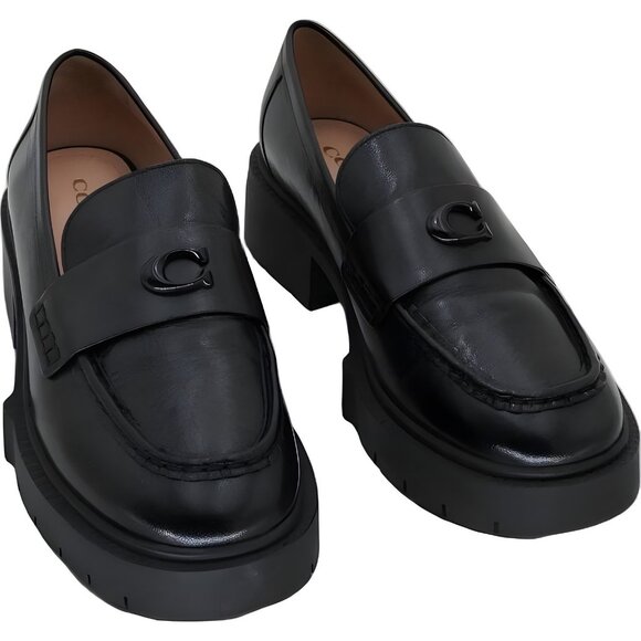 Coach Leah leather lug sole loafers black slip-on chunky platform 9.5 M - Picture 1 of 6